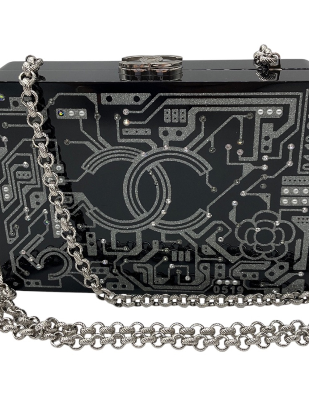 CHANEL BLACK / SILVER 2017 CC LOGO EMBELLISHED LUCITE CLUTCH BAG WITH CHAIN STRA